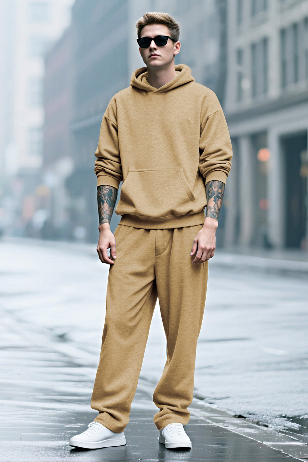 Men Pulloverl Hoodie Set - Khaki