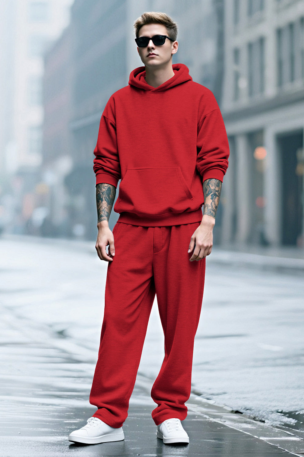 Men Pulloverl Hoodie Set - Red