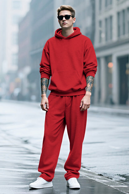 Men Pulloverl Hoodie Set - Red