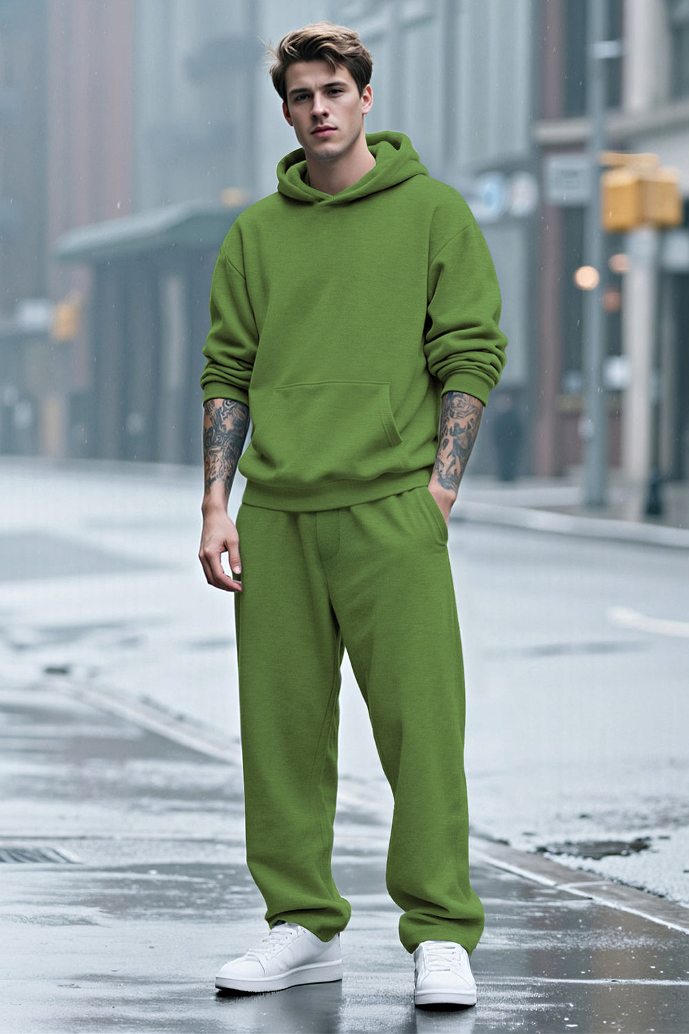 Men Pulloverl Hoodie Set - Green