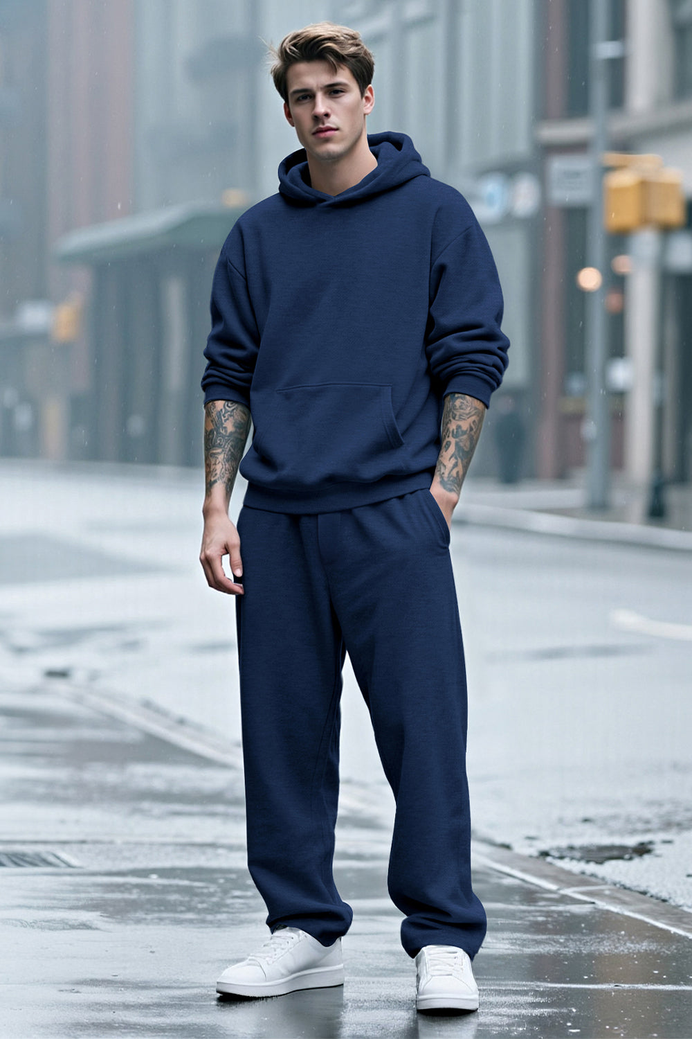 Men Pulloverl Hoodie Set - Blue