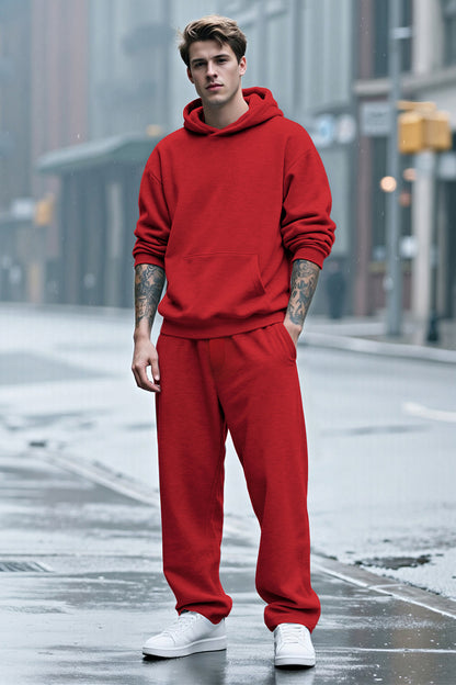 Men Pulloverl Hoodie Set - Red