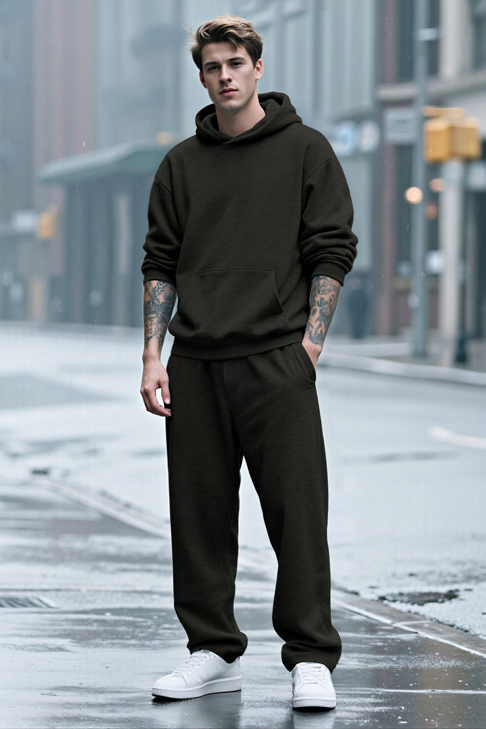 Men Pulloverl Hoodie Set - Black