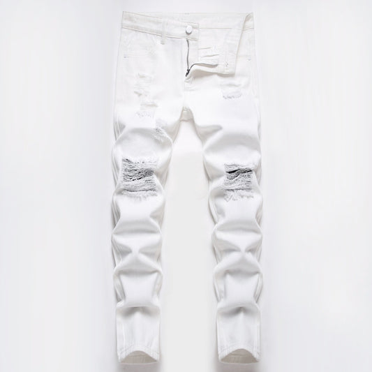 Ripped patchwork men's white jeans
