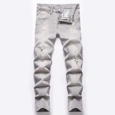 Gray stretch straight ripped jeans