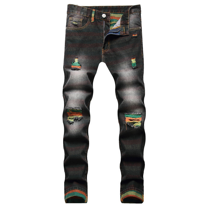 Ripped patchwork men's black jeans