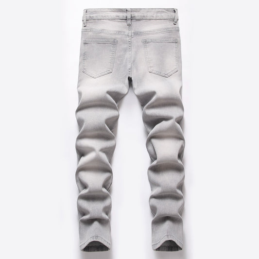 Gray stretch straight ripped jeans