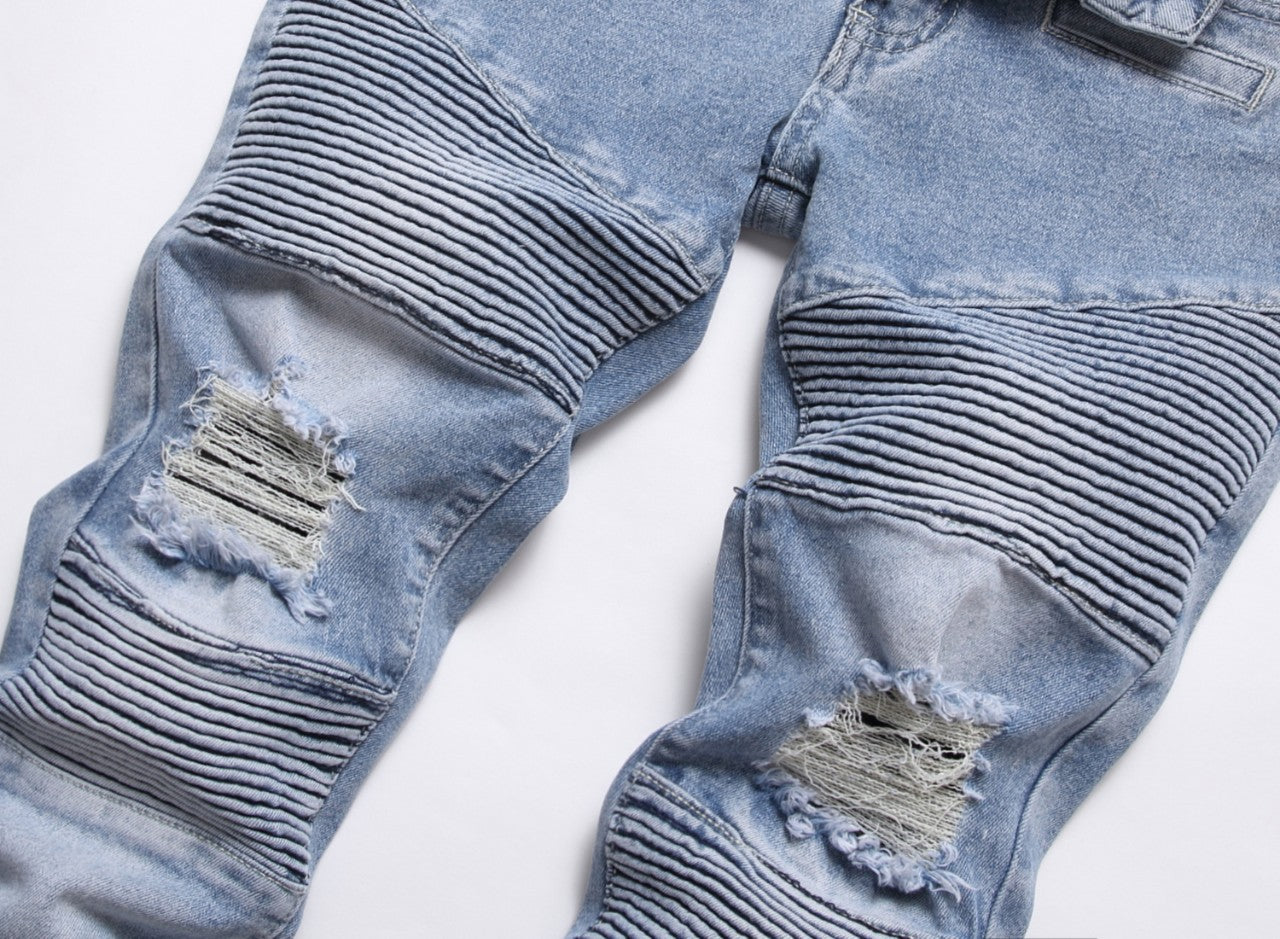 Ripped patchwork men's blue jeans