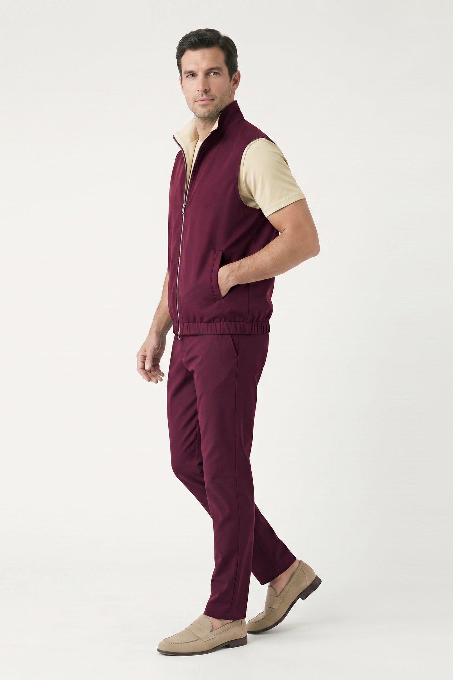 Men's 3-Piece Casual Set with Reversible Vest - Red