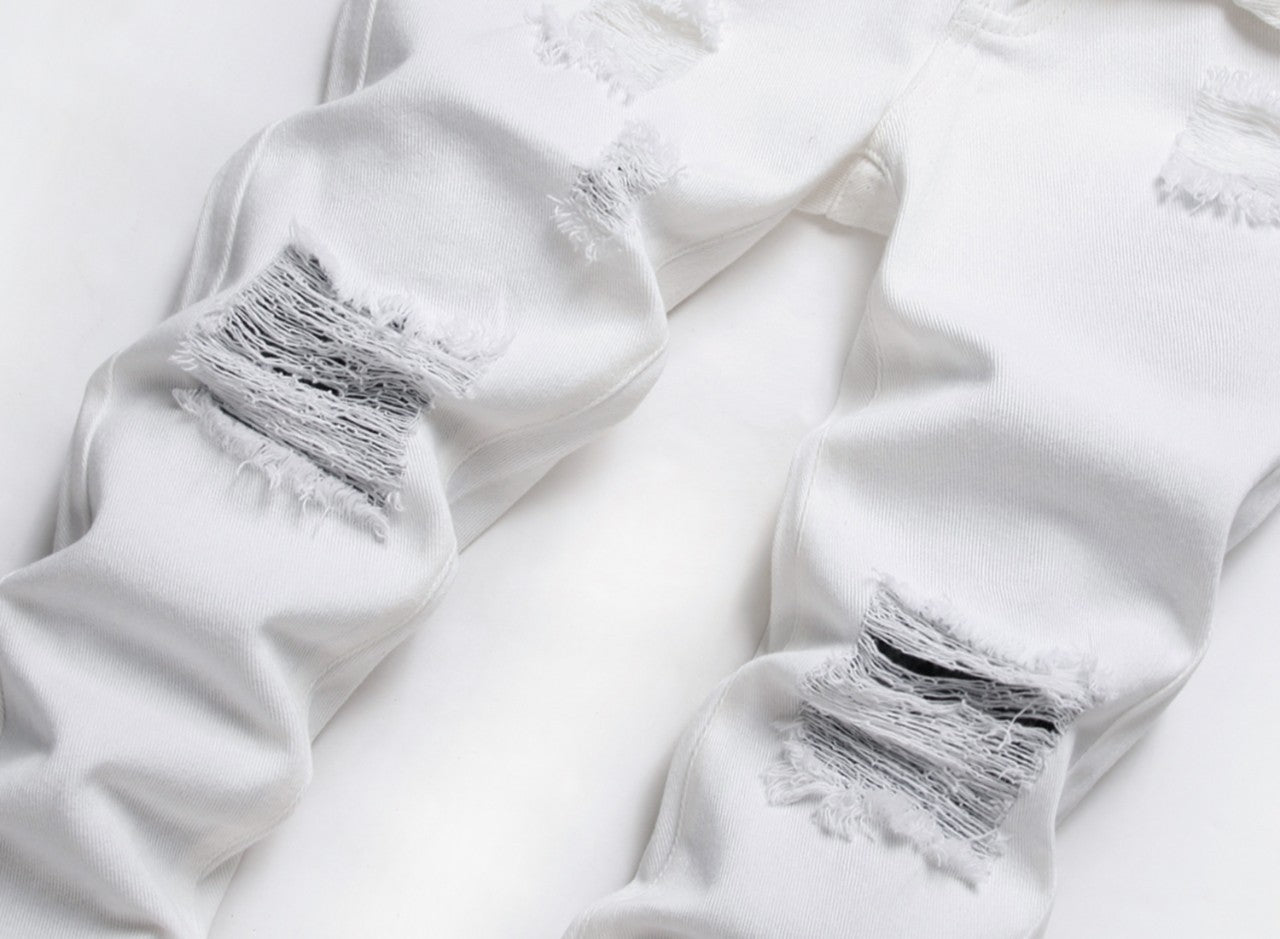 Ripped patchwork men's white jeans – GINGTTO