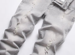 Gray stretch straight ripped jeans