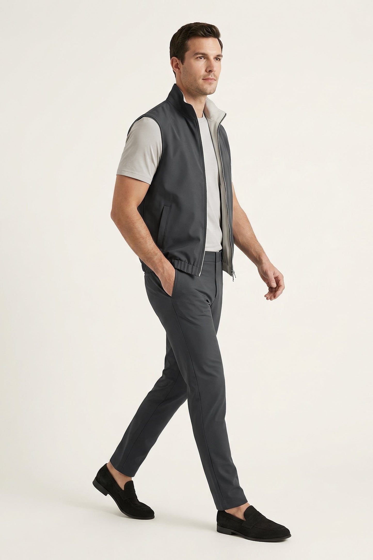 Men's 3-Piece Casual Set with Reversible Vest - Grey