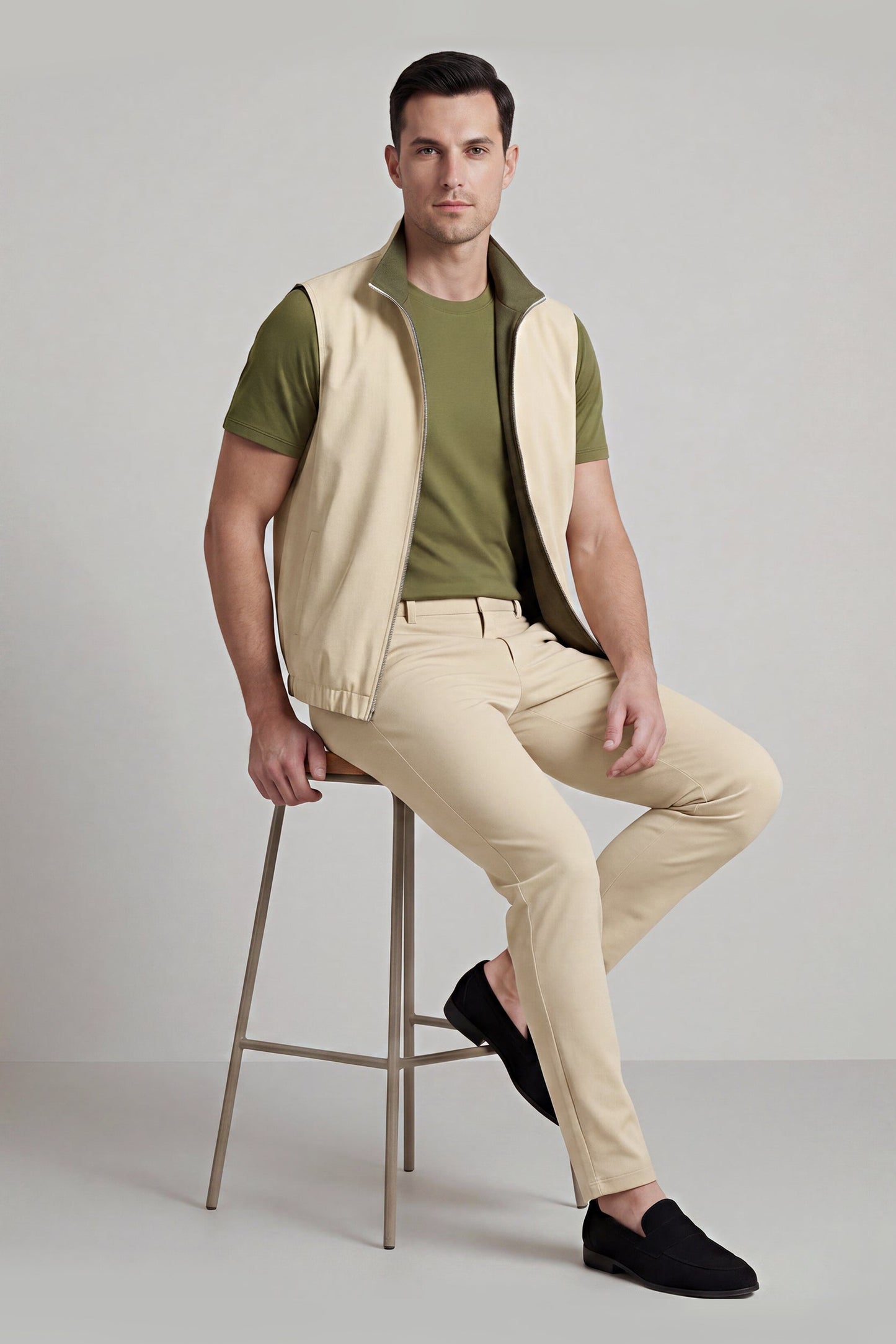 Men's 3-Piece Casual Set with Reversible Vest - Green