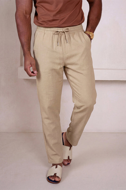 Men's Drawstring Casual Linen Pant - Khaki