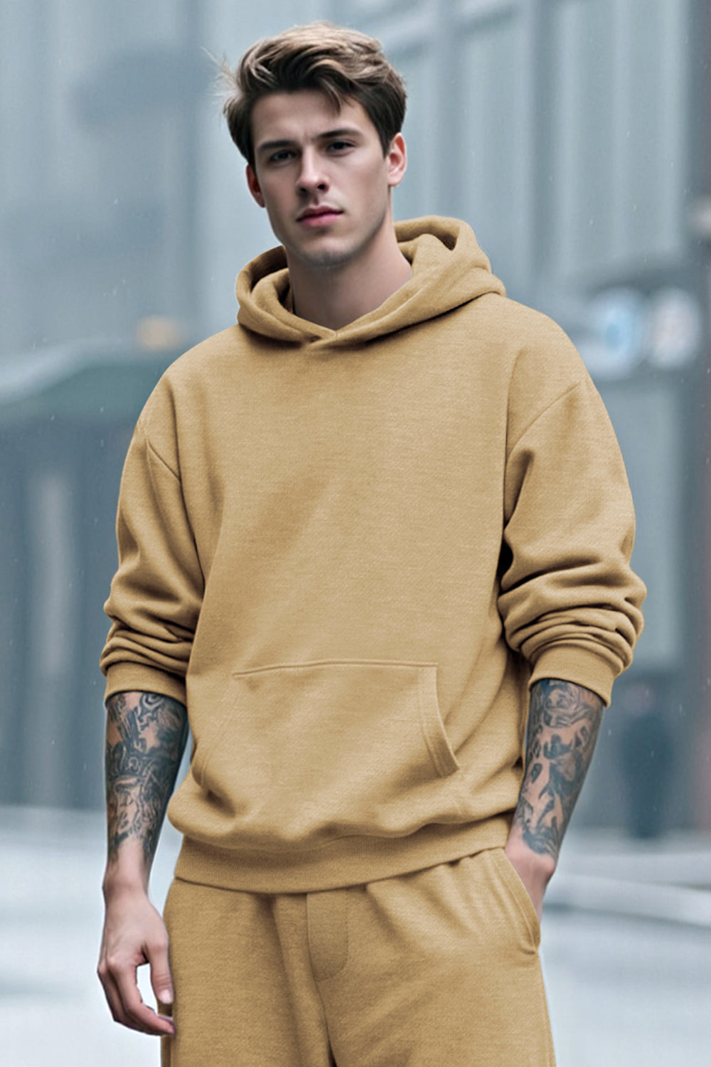 Men Pulloverl Hoodie Set - Khaki
