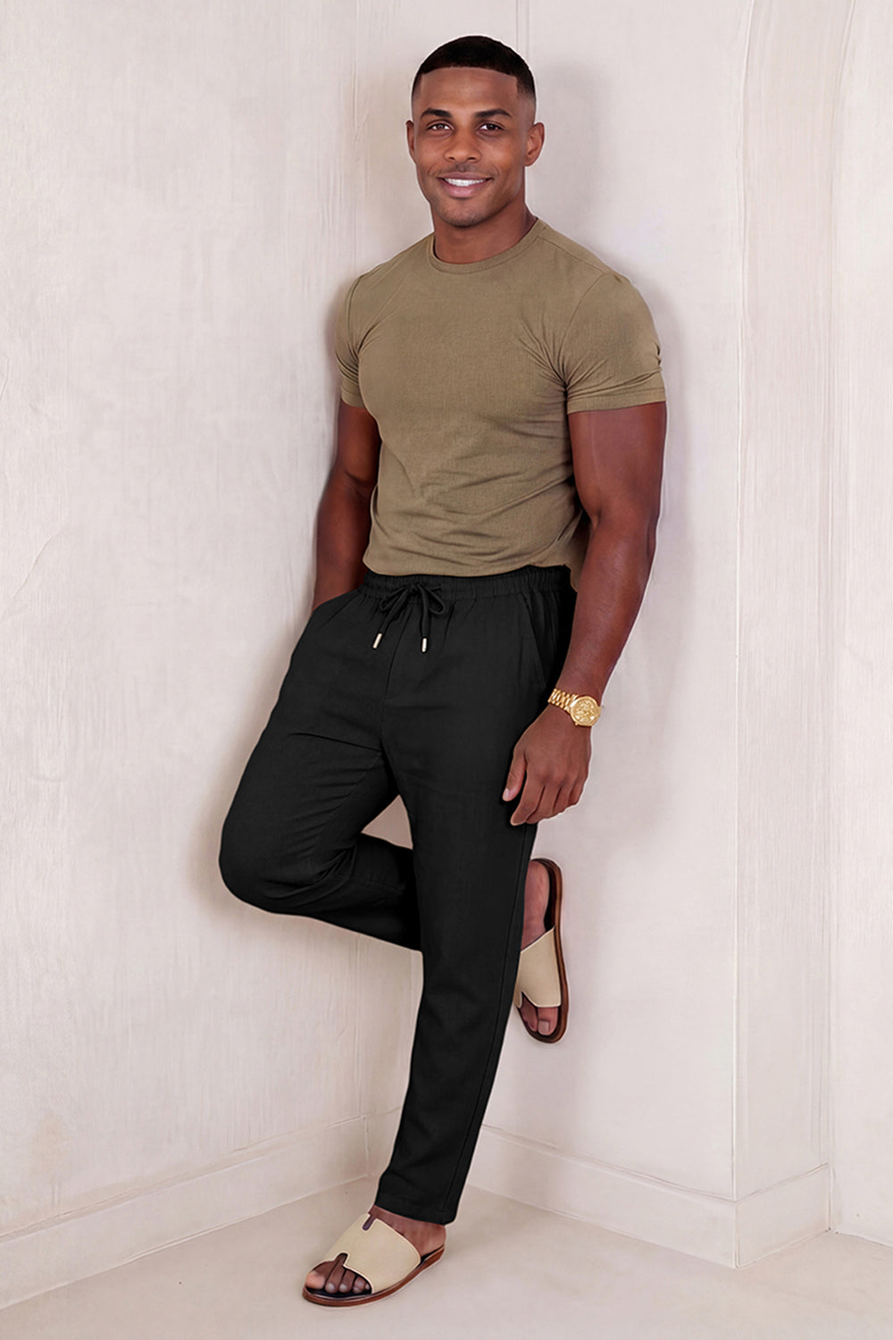 Men's Drawstring Casual Linen Pant - Black