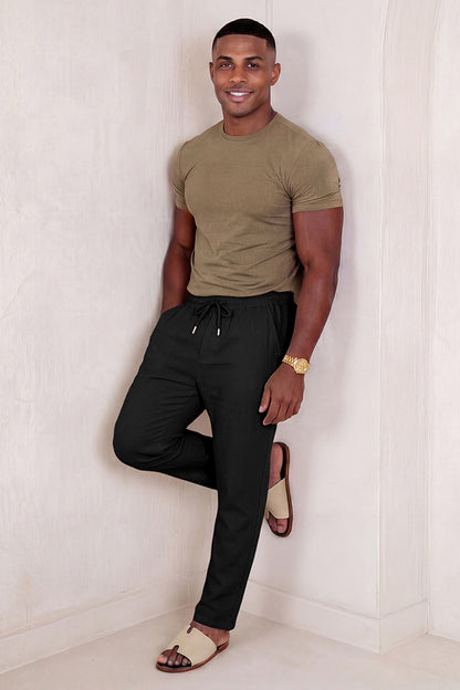 Men's Drawstring Casual Linen Pant - Black
