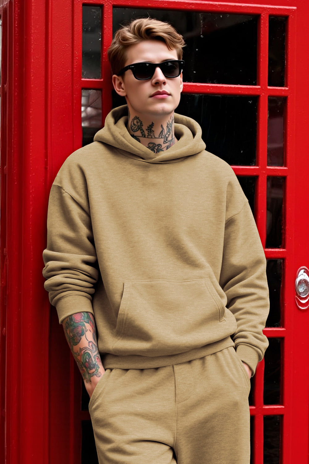 Men Pulloverl Hoodie Set - Khaki