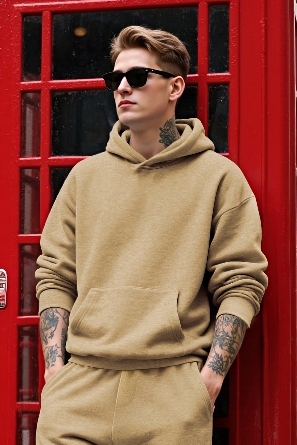 Men Pulloverl Hoodie Set - Khaki