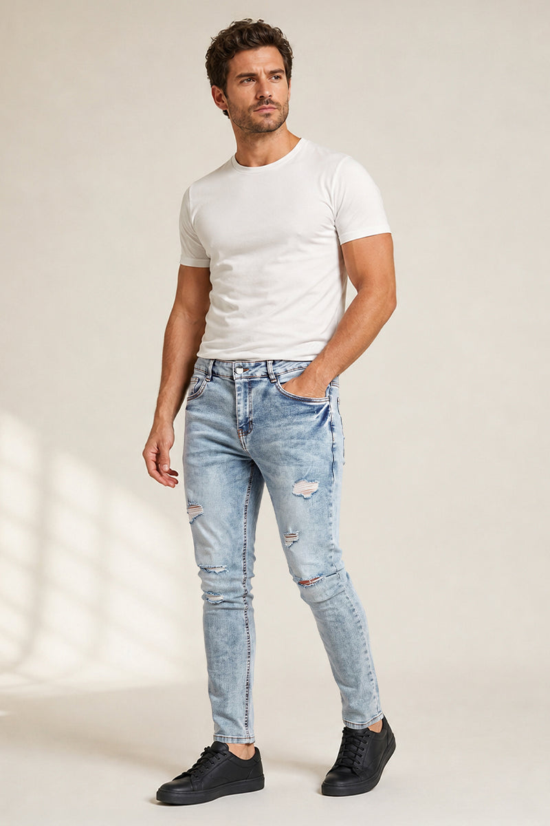 Mens Skinny Denim Blue Jeans - Ripped