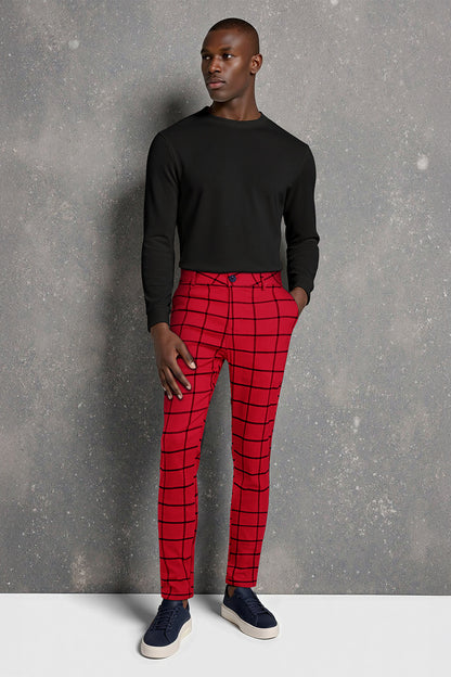 Men's Elastic Skinny Pant - Red Lattice