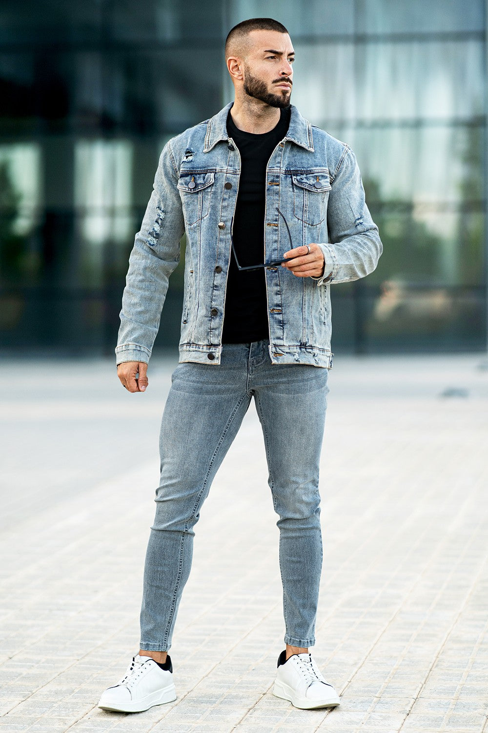 Denim Jacket Blue Sneakers Outfit Men Ripped Denim Jacket Men