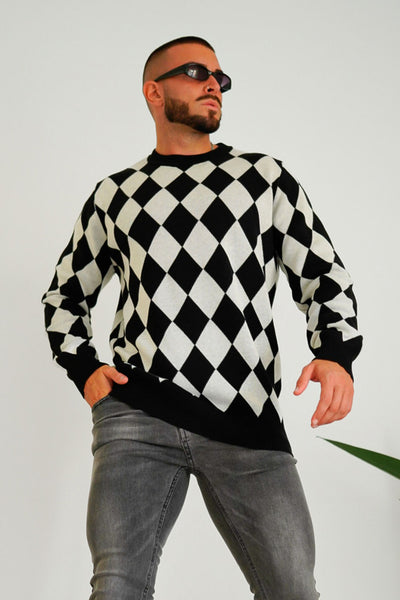 Gingtto Mens Sweater Long Sleeve Crewneck Pullover Grid Sweater