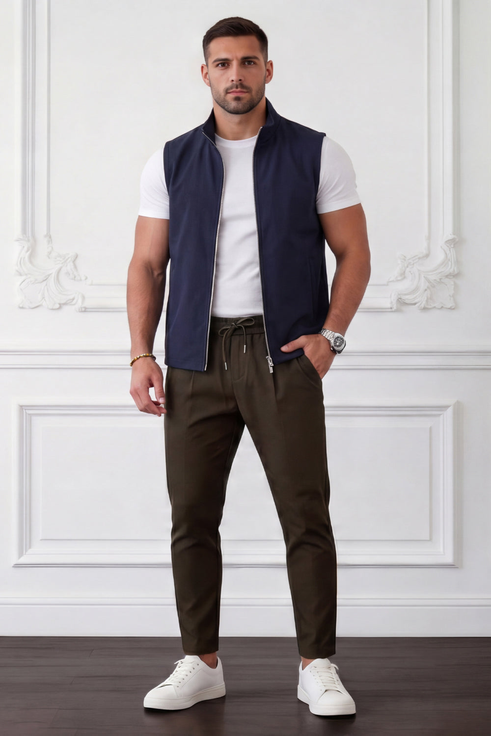 Men's Casual Stand Collar Zip-Up Vest - Navy Blue