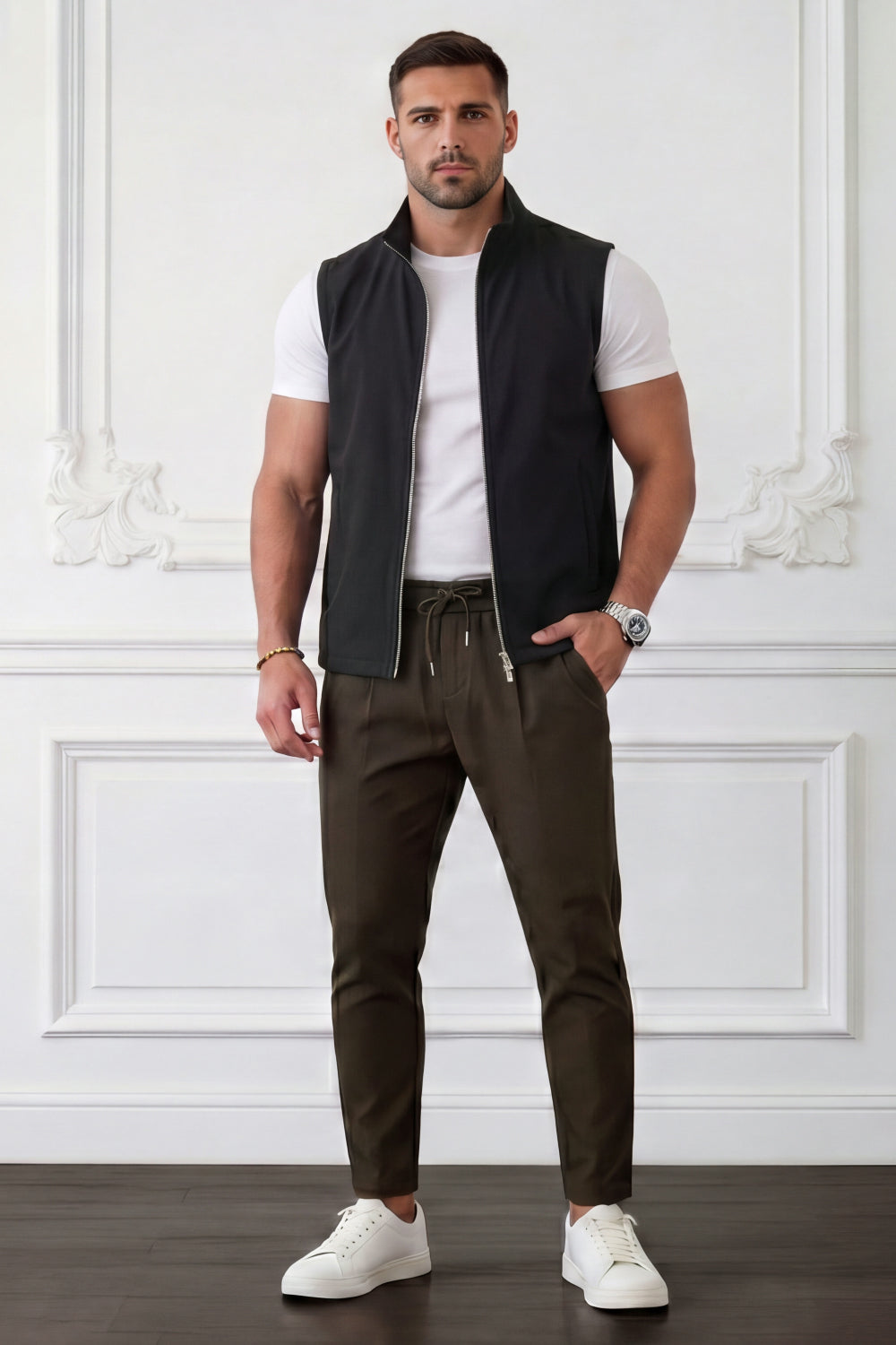 Men's Casual Stand Collar Zip-Up Vest - Black