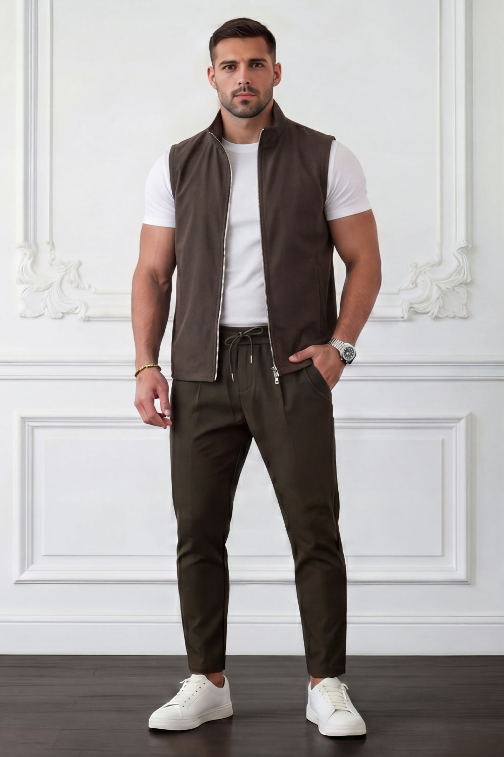 Men's Casual Stand Collar Zip-Up Vest - Brown