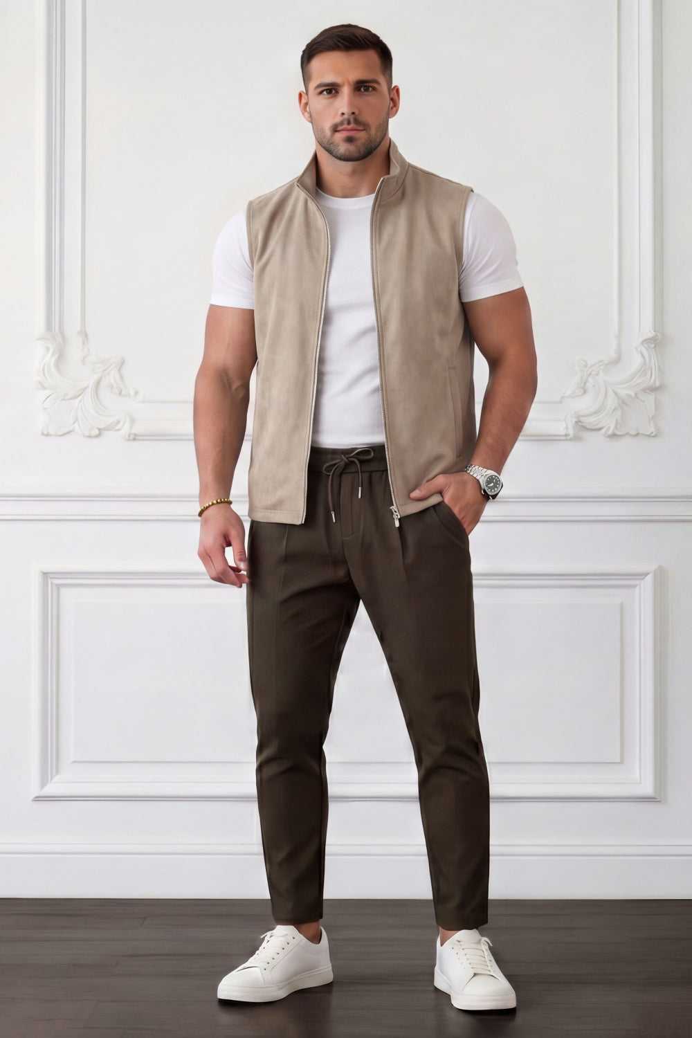 Men's Casual Stand Collar Zip-Up Vest - Light Khaki