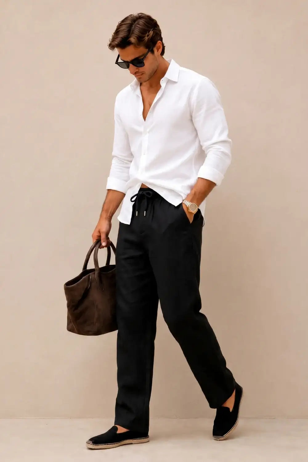 Men's Drawstring Casual Linen Pant - Black