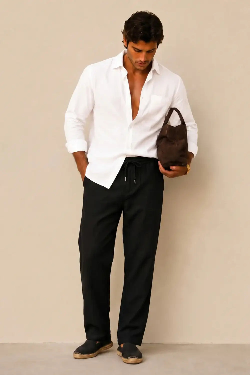 Men's Drawstring Casual Linen Pant - Black