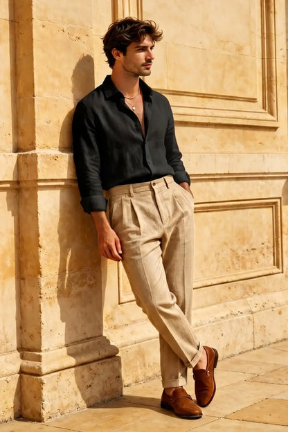 Men's Casual Linen Shirts - Black