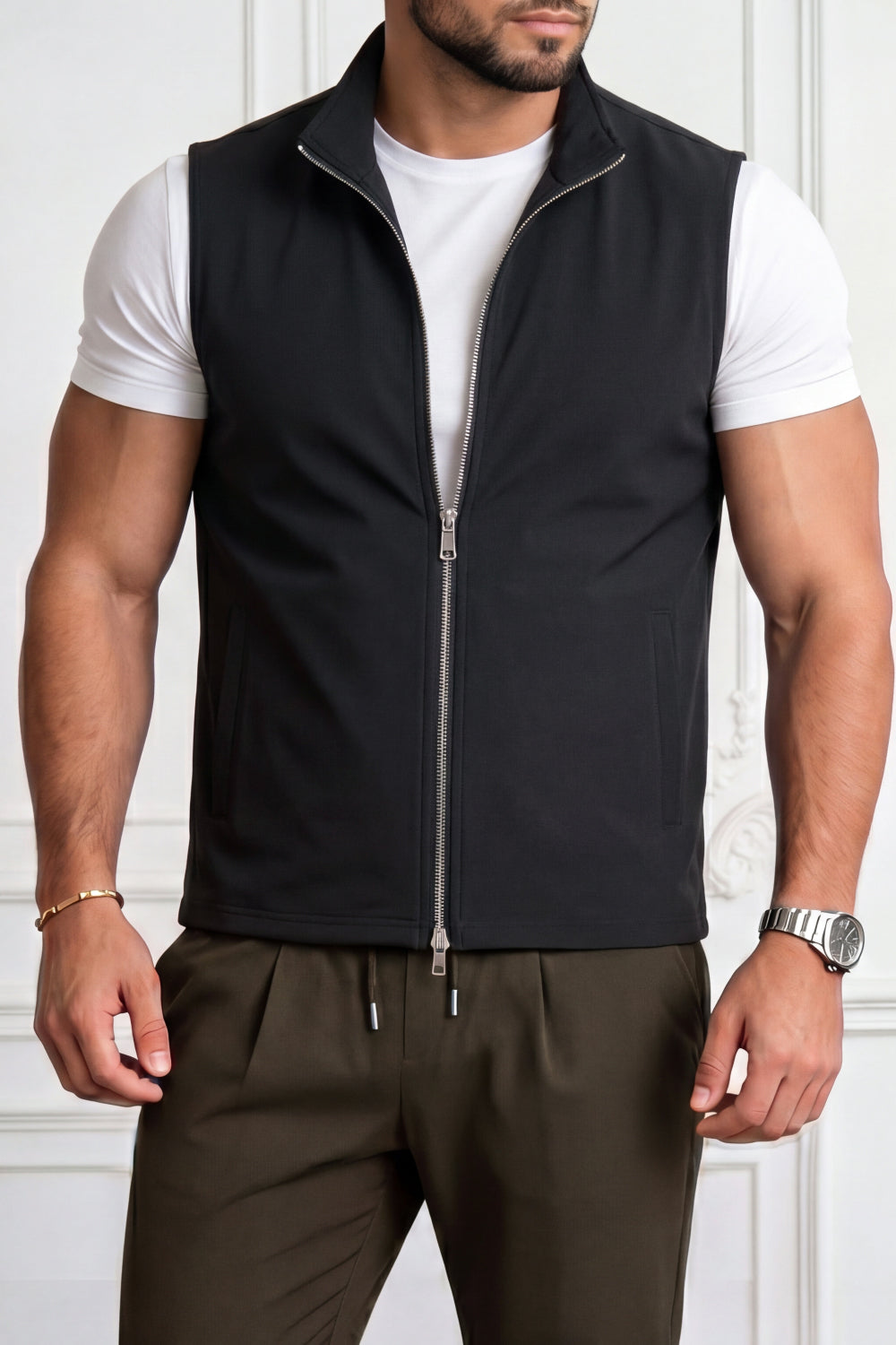 Men's Casual Stand Collar Zip-Up Vest - Black