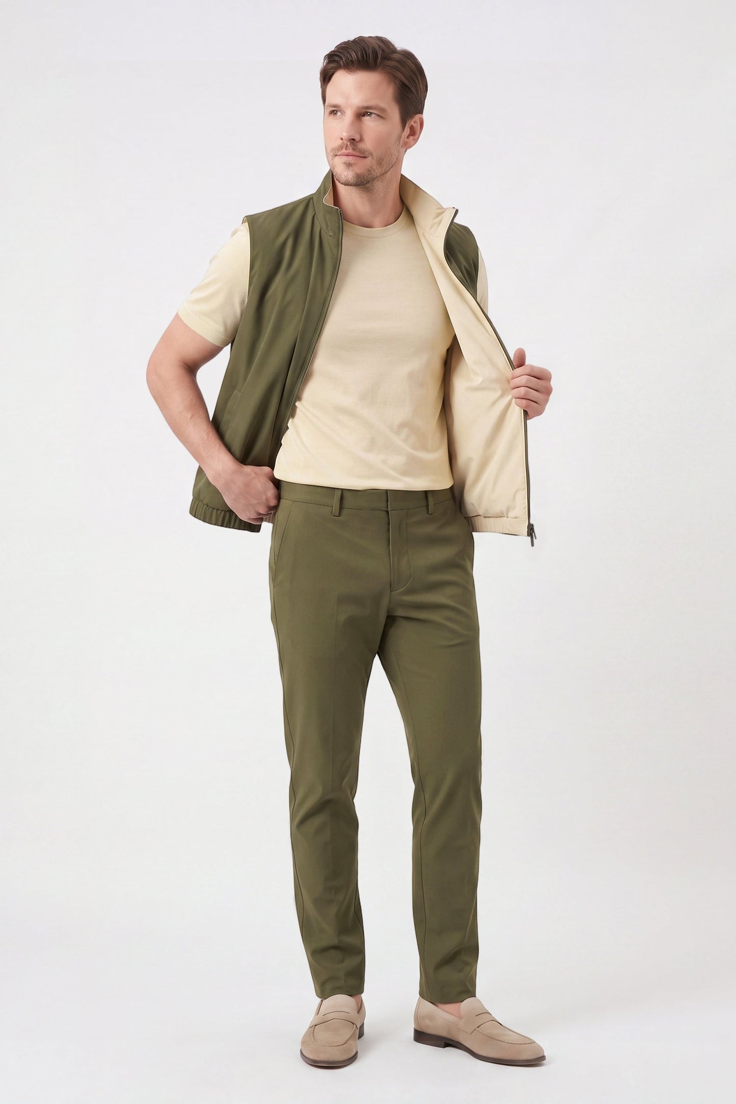 Men's 3-Piece Casual Set with Reversible Vest - Green