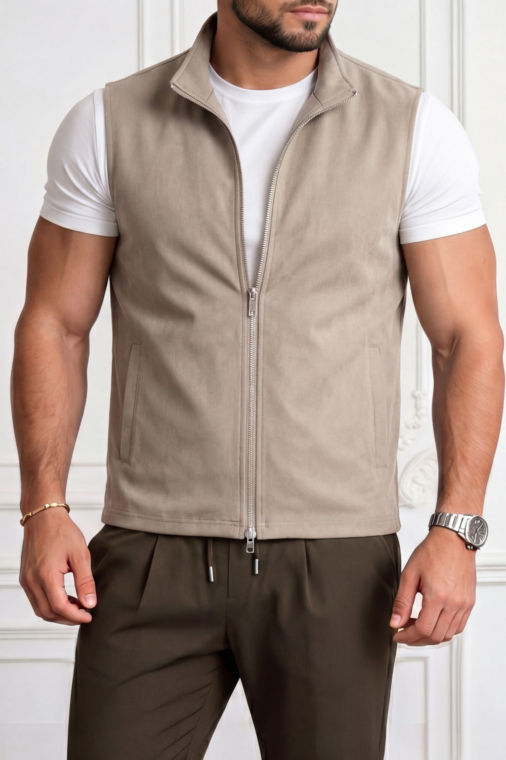 Men's Casual Stand Collar Zip-Up Vest - Light Khaki