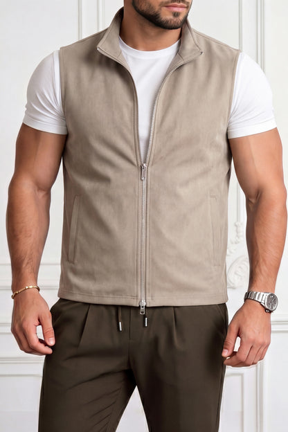 Men's Casual Stand Collar Zip-Up Vest - Light Khaki