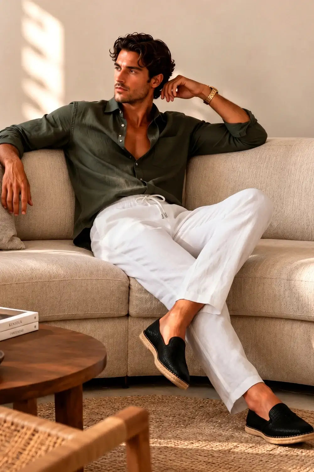 Men's Drawstring Casual Linen Pant - White