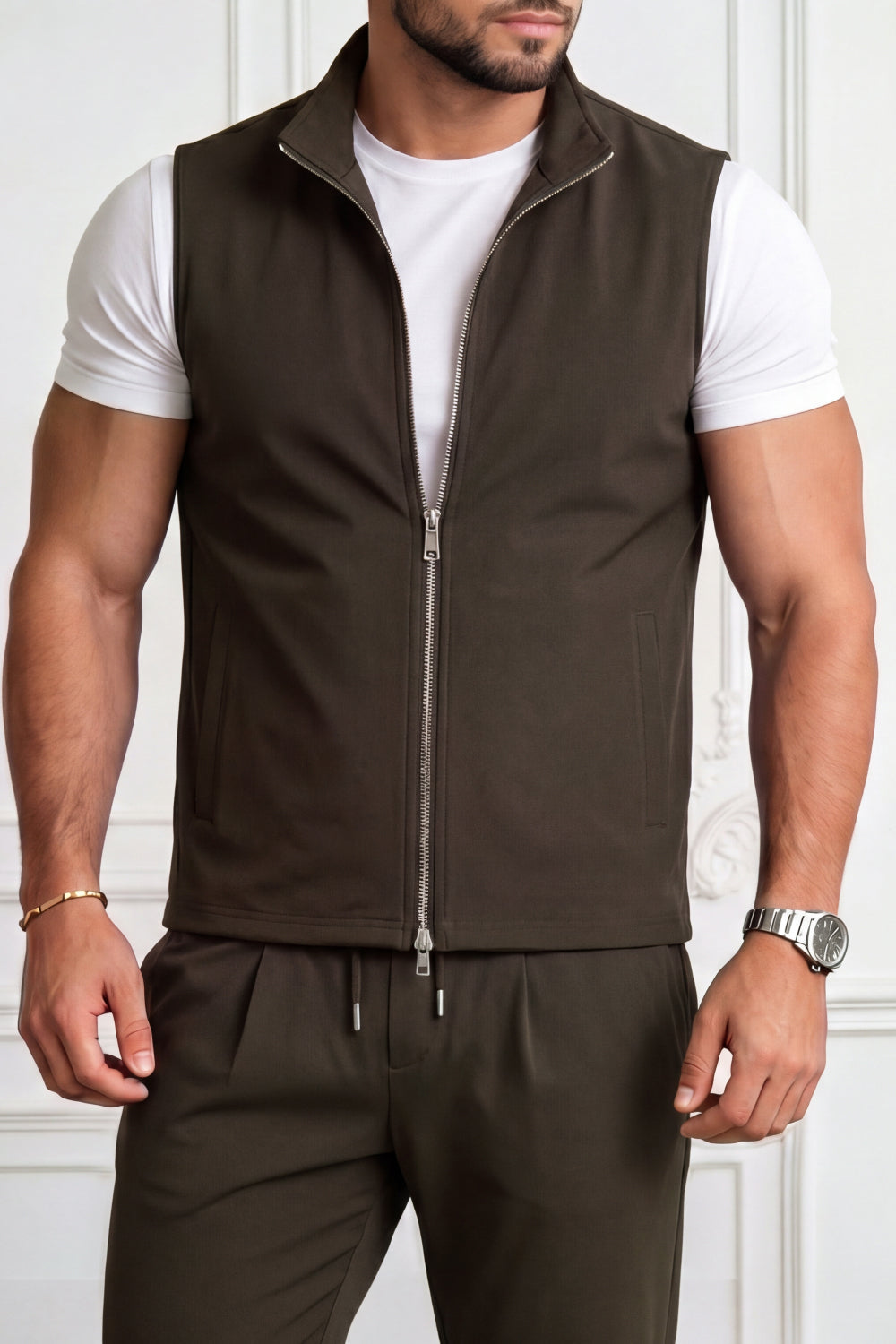 Men's Casual Stand Collar Zip-Up Vest - Brown