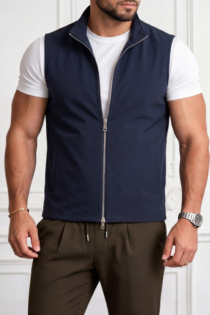 Men's Casual Stand Collar Zip-Up Vest - Navy Blue