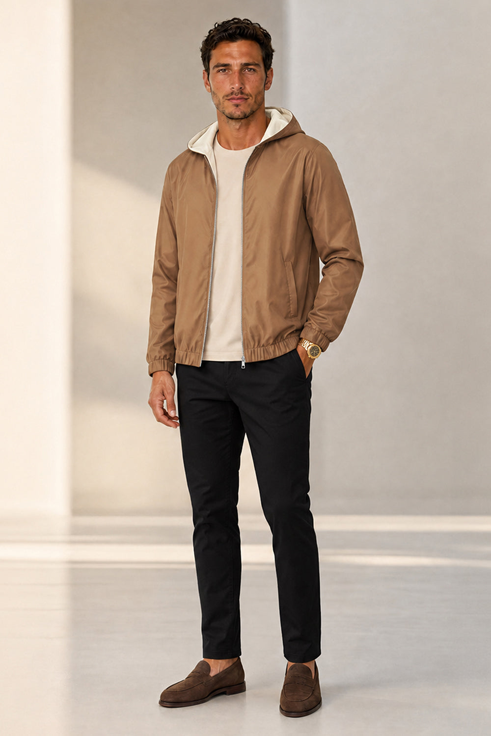 Men's Casual Hooded Lightweight Jacket - Camel