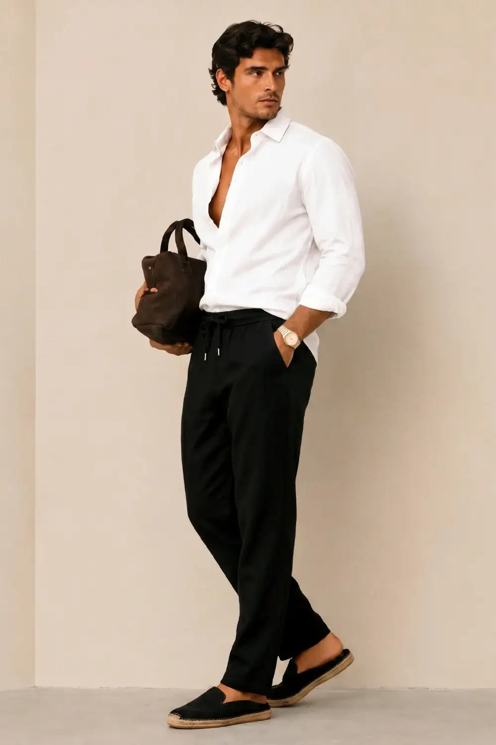 Men's Drawstring Casual Linen Pant - Black