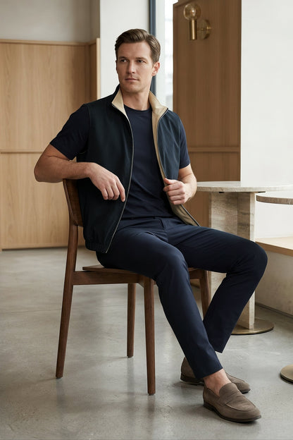 Men's 3-Piece Casual Set with Reversible Vest - Dark Navy