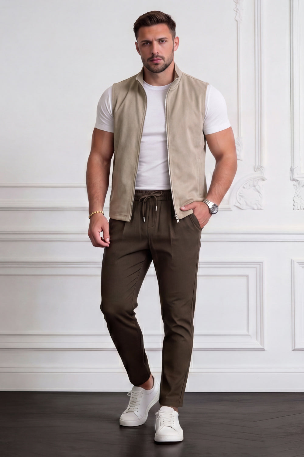 Men's Casual Stand Collar Zip-Up Vest - Light Khaki