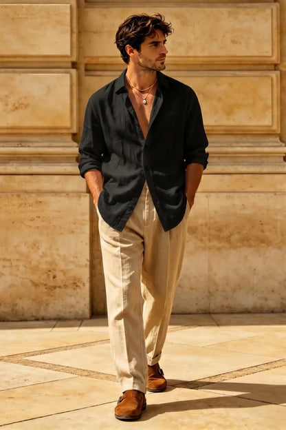 Men's Casual Linen Shirts - Black