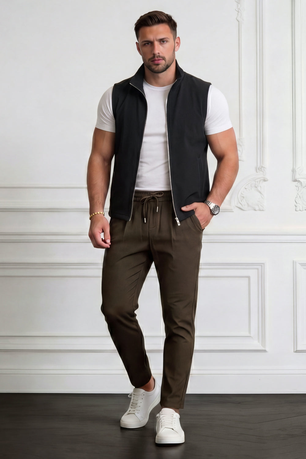 Men's Casual Stand Collar Zip-Up Vest - Black