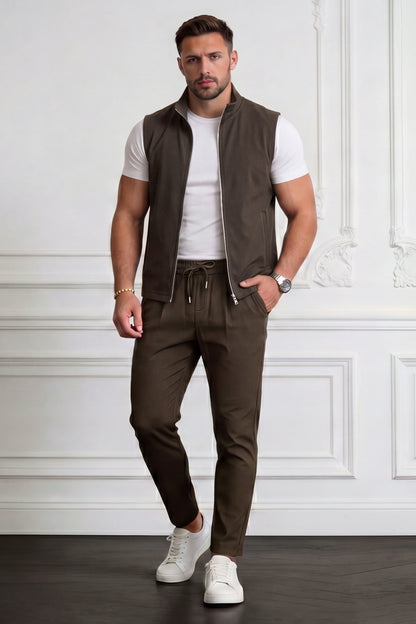 Men's Casual Stand Collar Zip-Up Vest - Brown