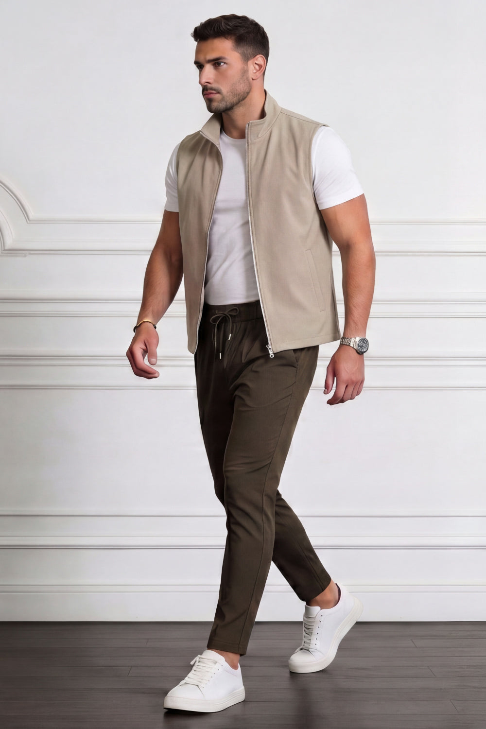 Men's Casual Stand Collar Zip-Up Vest - Light Khaki