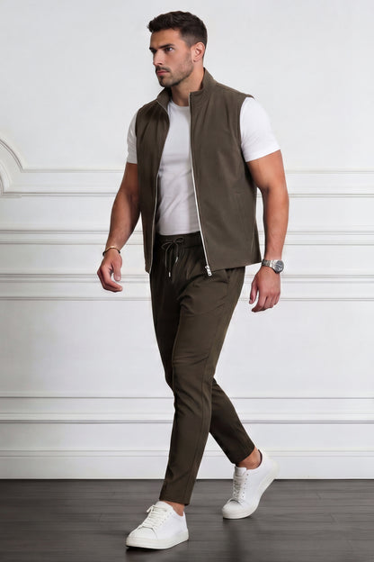 Men's Casual Stand Collar Zip-Up Vest - Brown